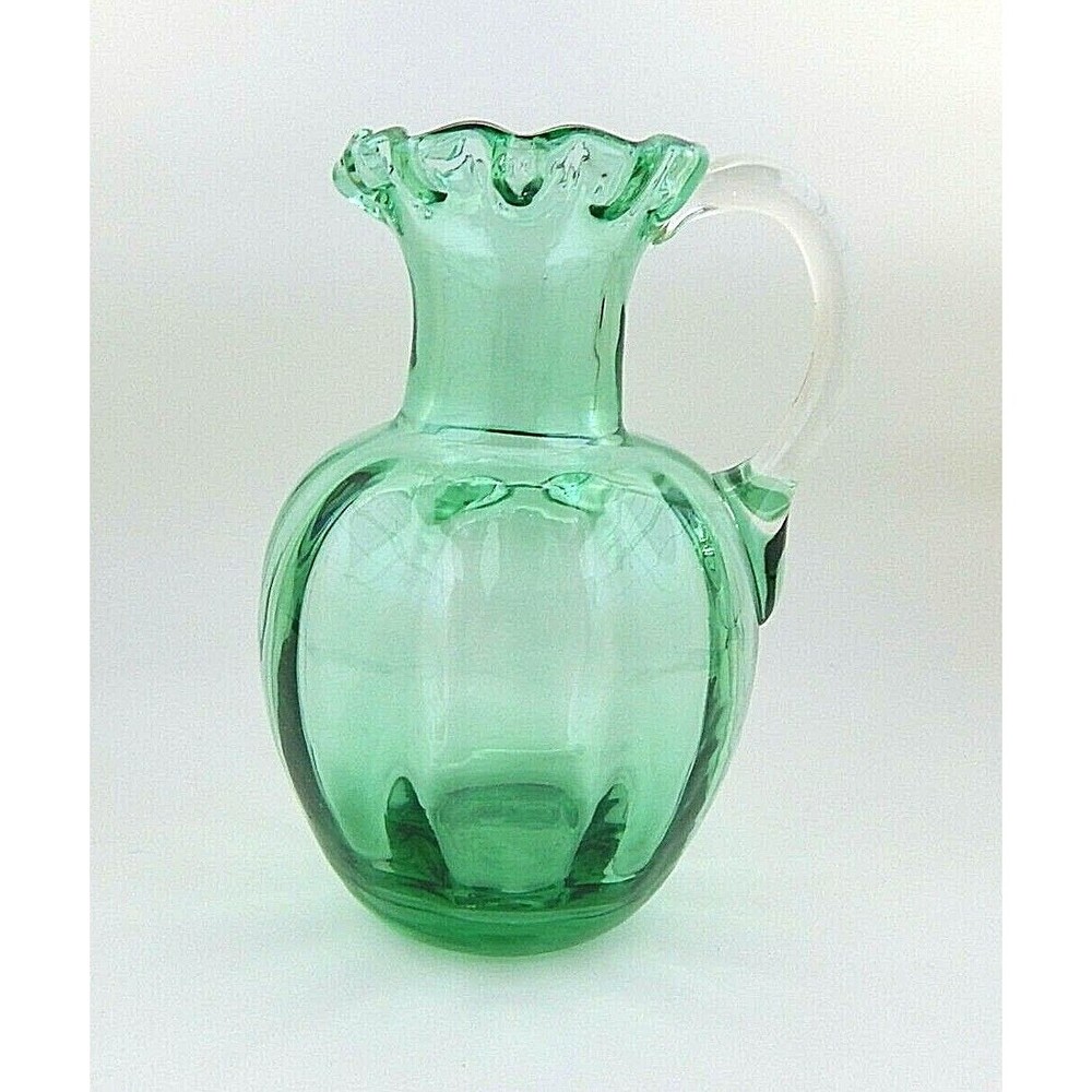 Green Hand-Blown Art Glass Small Pitcher Ruffle Top Applied Handle